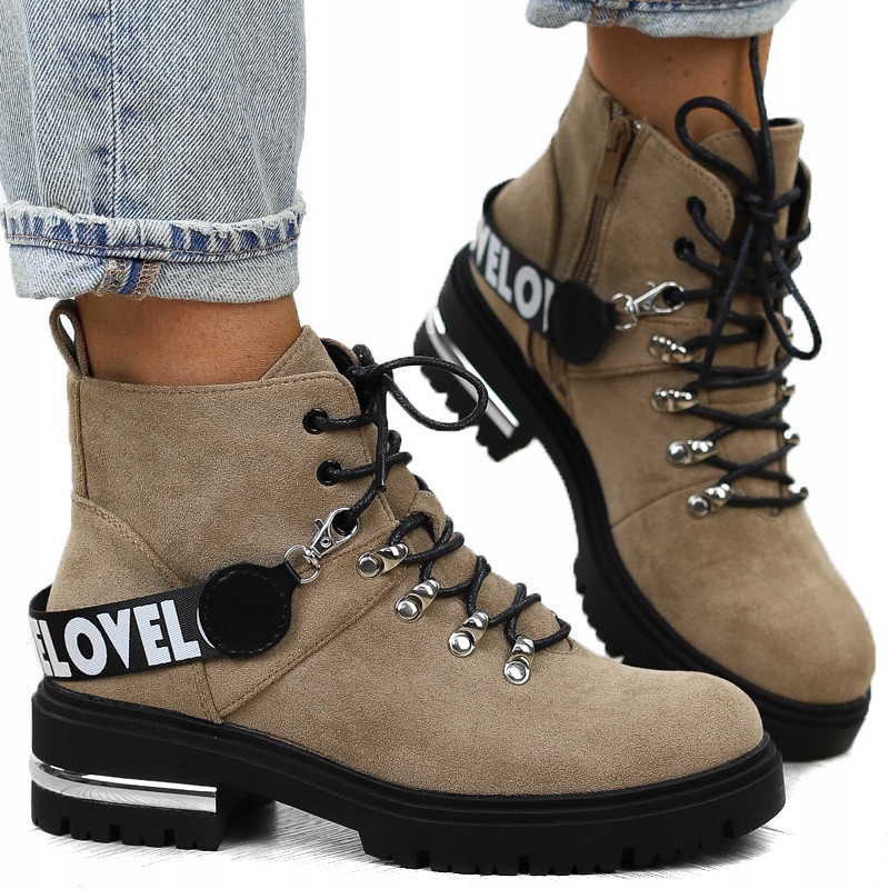 Béžové khaki dámské kotníkové boty šněrovací, zateplené, ploché workery, semišový nápis