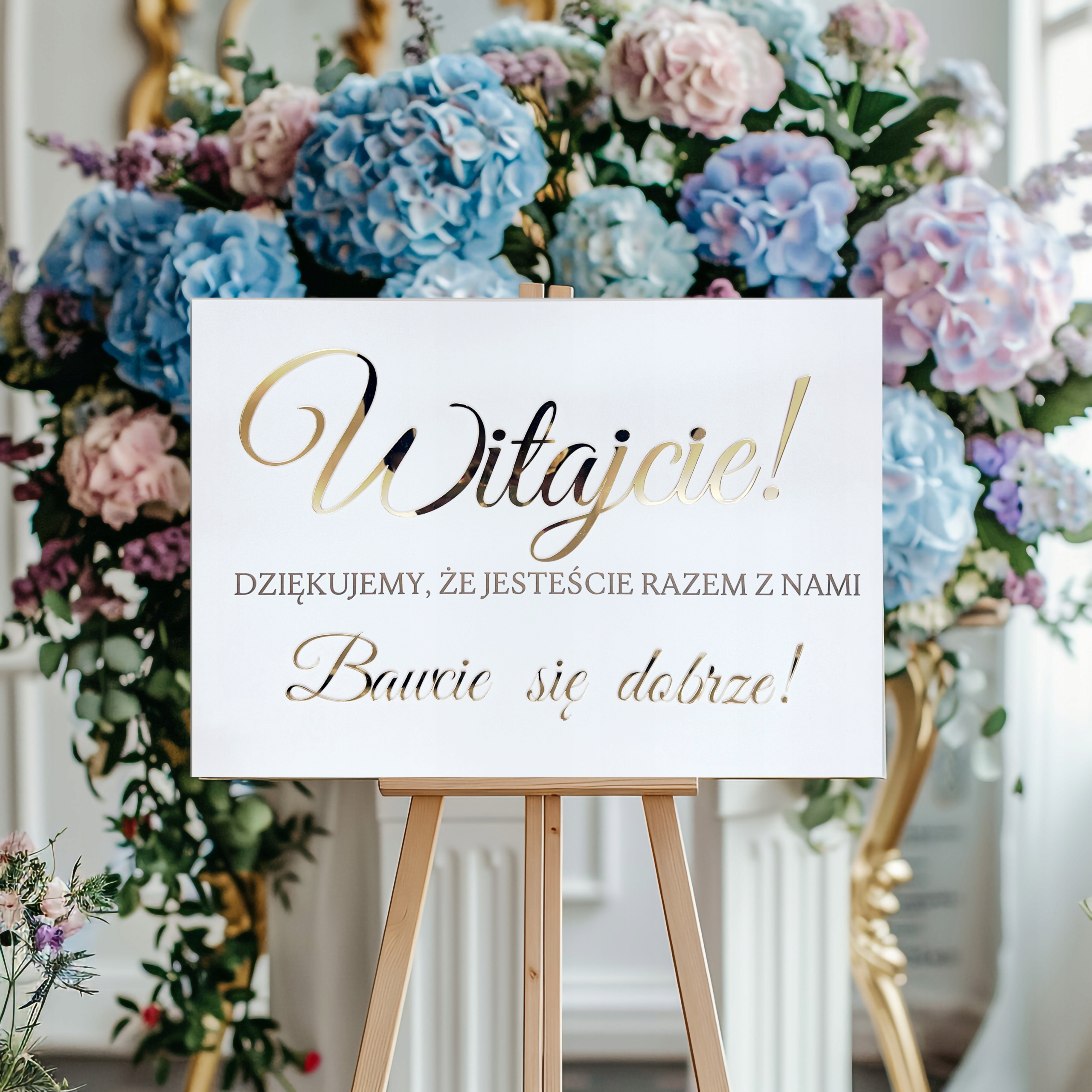 TABLICA POWITALNA ŚLUB WESELE 40X60 BIAŁA ZŁOTE LUSTRO DEKORACJA ŚLUBNA EAN (GTIN) 5906477630182