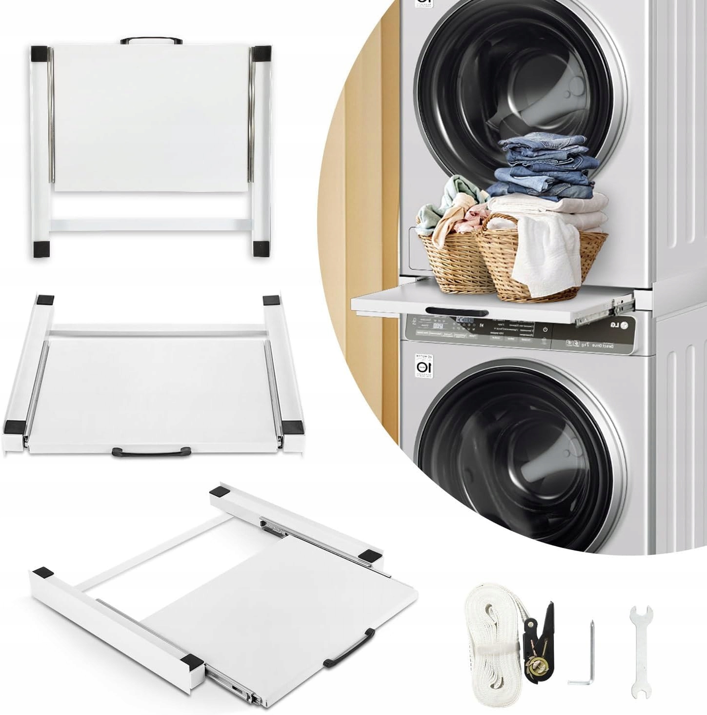 Stelaż Pośredni Suszarka Pralka 54x60CM Wysuwana Półka 10KG Linka Bungee