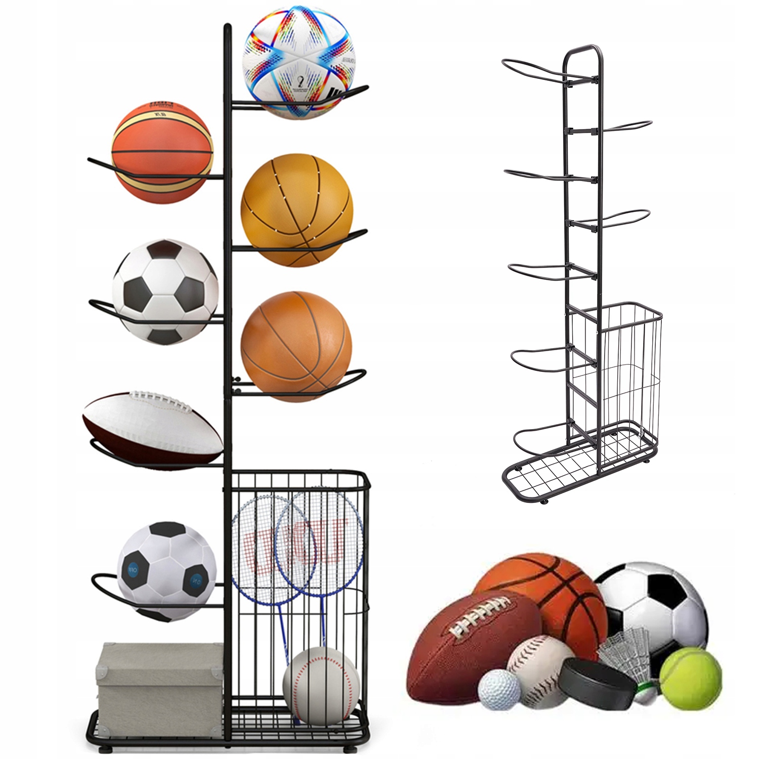 Stojan Na Míče Kovový 7-ÚROVŇOVÝ S Bočním Košem A Spodní Policí