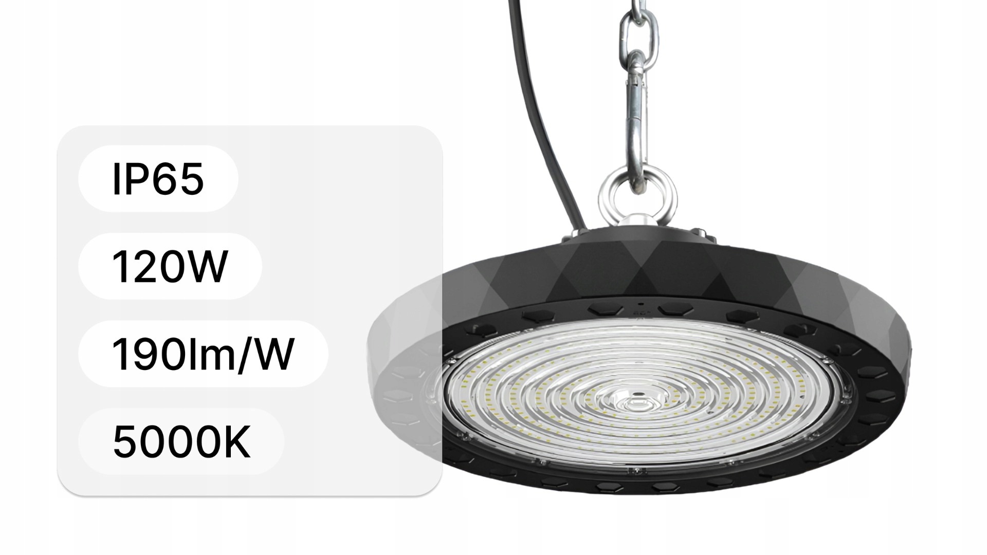 Výkonná skladovací lampa 120W 190lm/W 5000K CRI>70 60-90-120st IP65