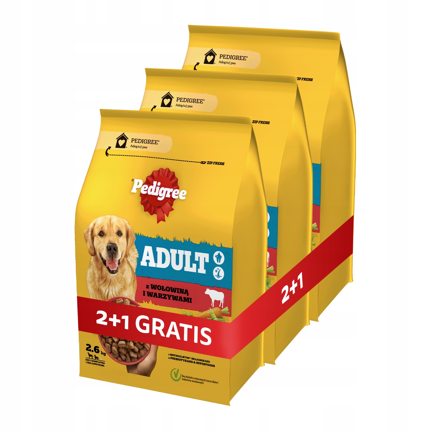 Levně Pedigree Adult suché krmivo pro psy s hovězím masem 2,6 kg 2+1 Bonus