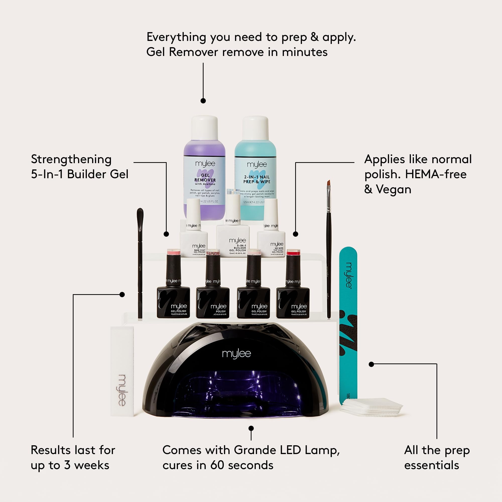 MYLEE Zestaw Do Paznokci Z Lampą LED Baza Top 4 Lakiery Żelowe Remover — miniatura 3