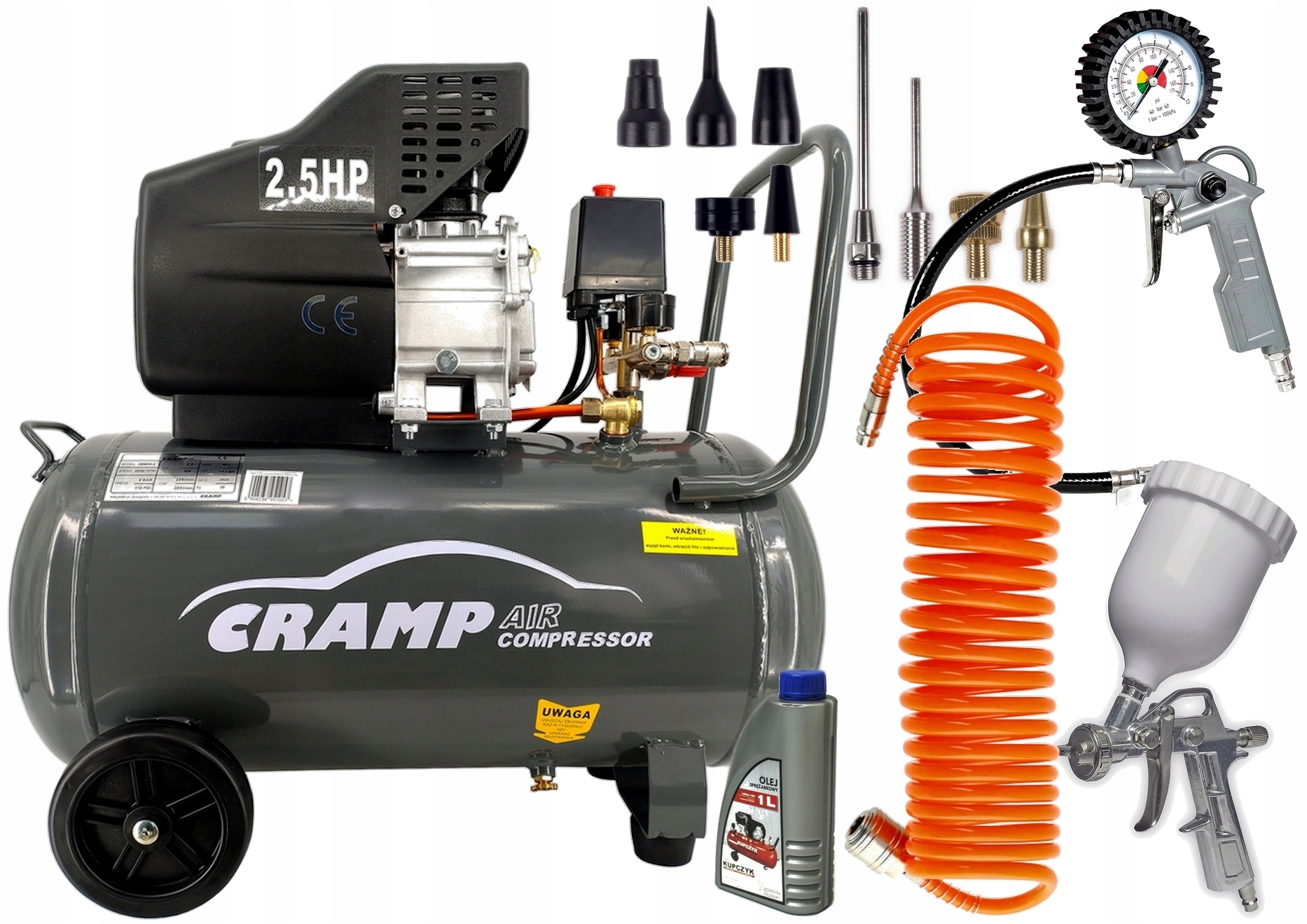 Cramp ZBM50Z kompresor sprężarka powietrza 50L 3.4KM 8bar +zestaw +olej