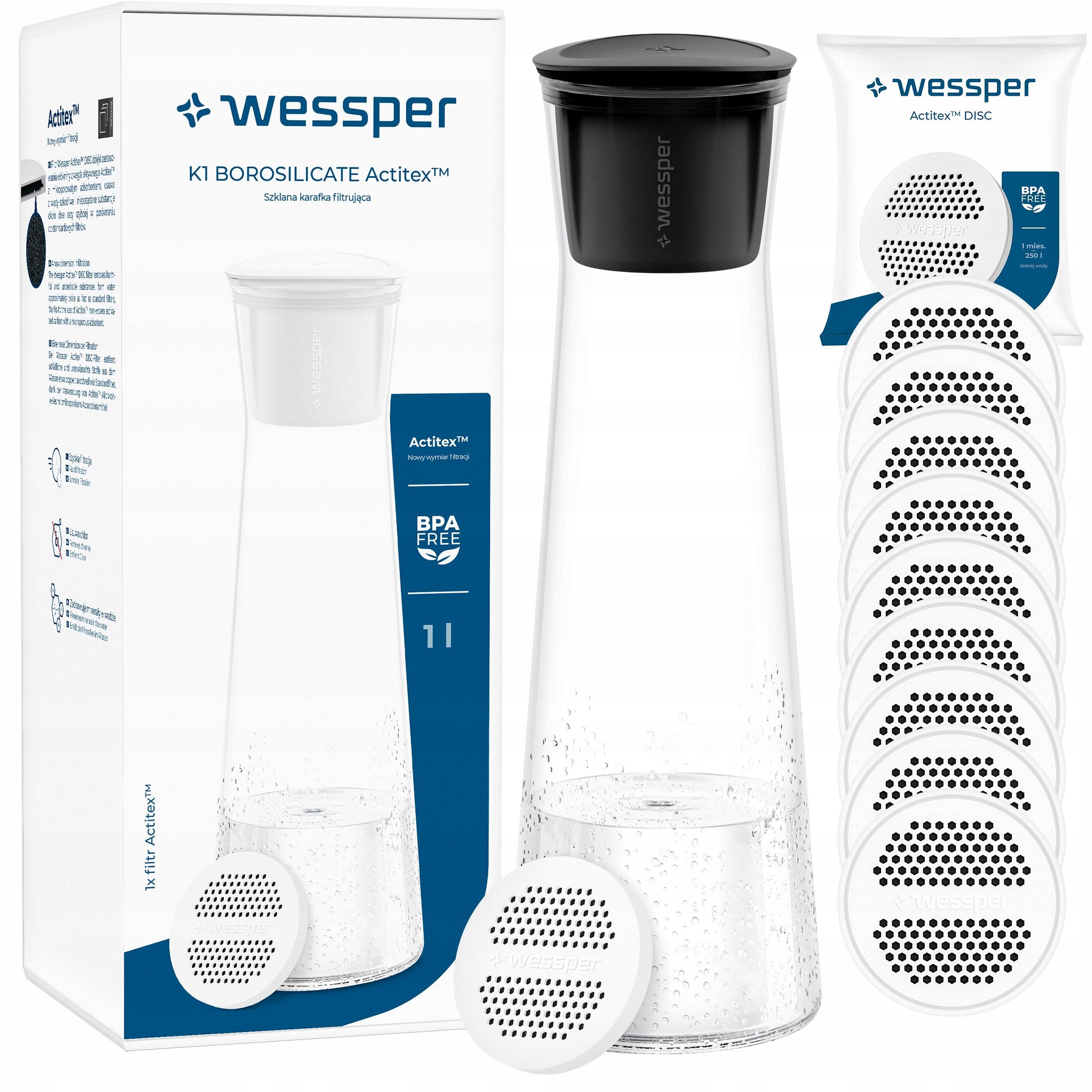 Szklana karafka filtrująca Wessper K1 Boroscilicate 1L 10x filtr wody