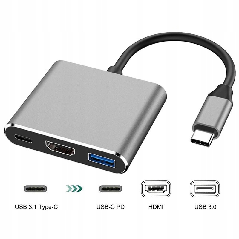 HUB USB-C 3w1 HDMI 4K USB 3.0 PD MACSEO_PL DO LAPTOPA TELEFONU KONSOLI PRO
