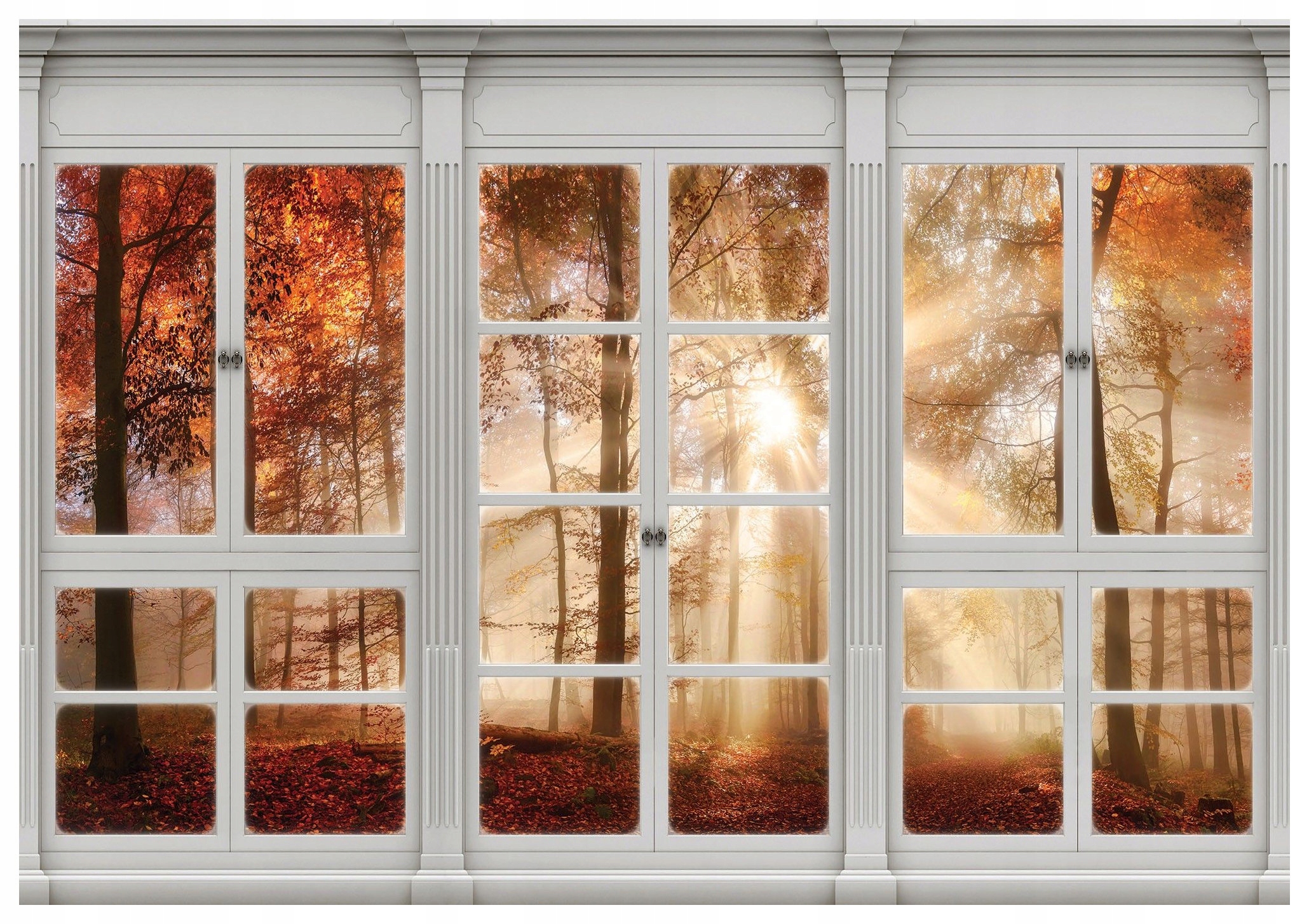 Vliesová fototapeta Podzimní okno les listy slunce 312x219 lepidlo