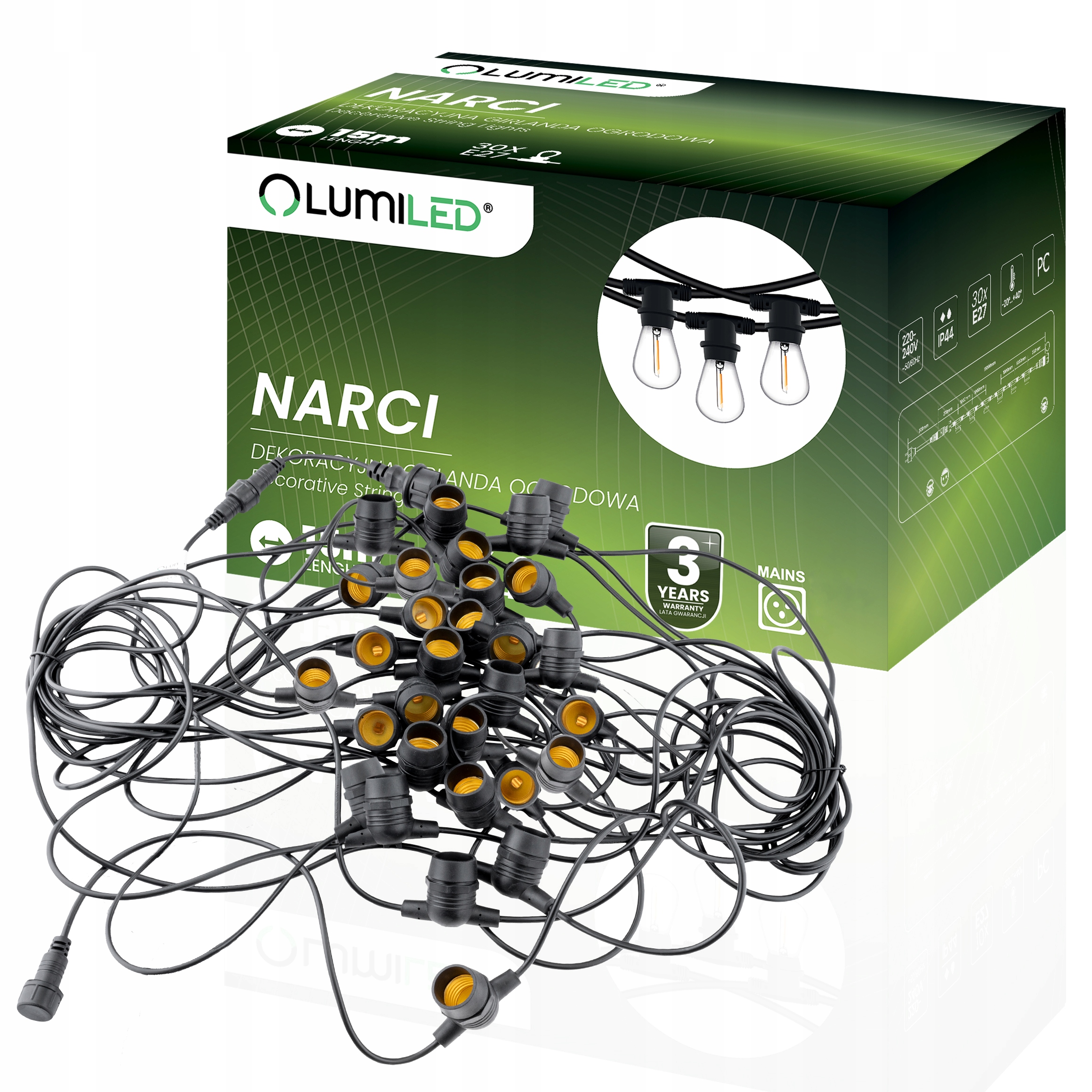 Venkovní světelná girlanda Ozdobný světelný řetěz 15 m 30x E27 Lumiled