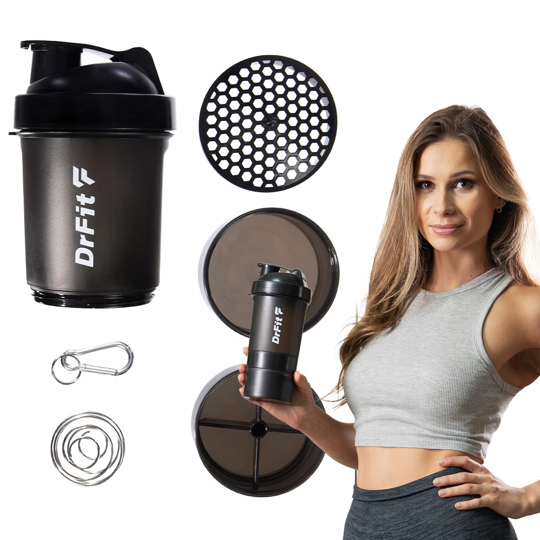 DrFit Bidon shaker zestaw wieloelementowy 500 ml czarny