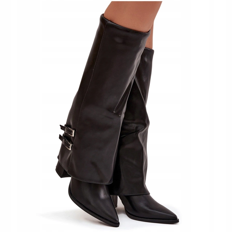 Dámské Kozačky Eko Kožené Ohrnutý Svršek Sloupek Spony Černé 40