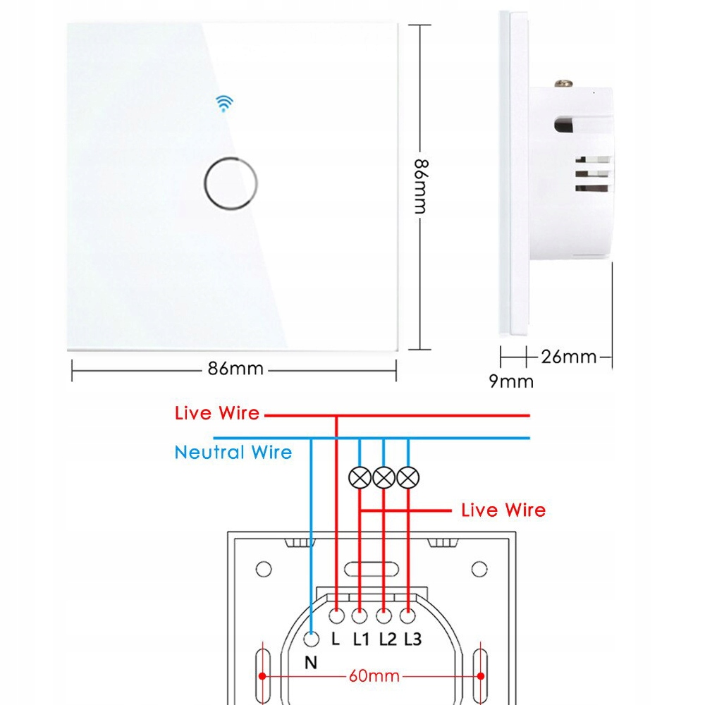 Szkło dotykowe LED WŁĄCZNIK ŚWIATŁA fi60 Pojedynczy Biały WiFi Tuya Smart EAN (GTIN) 6975751875037