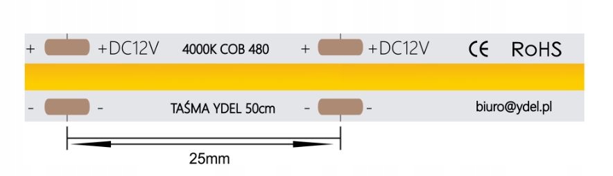 TAŚMA PASEK LISTWA DIODA LED COB 12V 8mm 5m 45W Z PRZEWODEM NEUTRLALNA