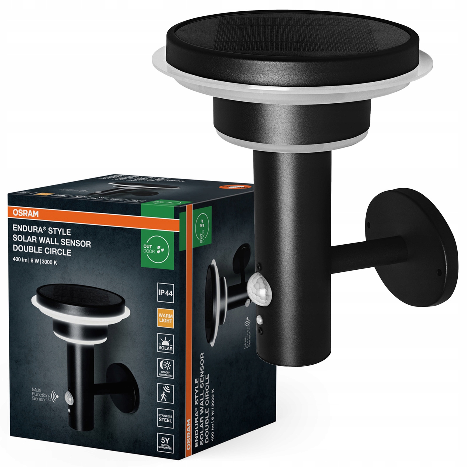 Záhradné nástenné svietidlo Led Snímač pohybu súmraku 6W 3000K IP44 Endura