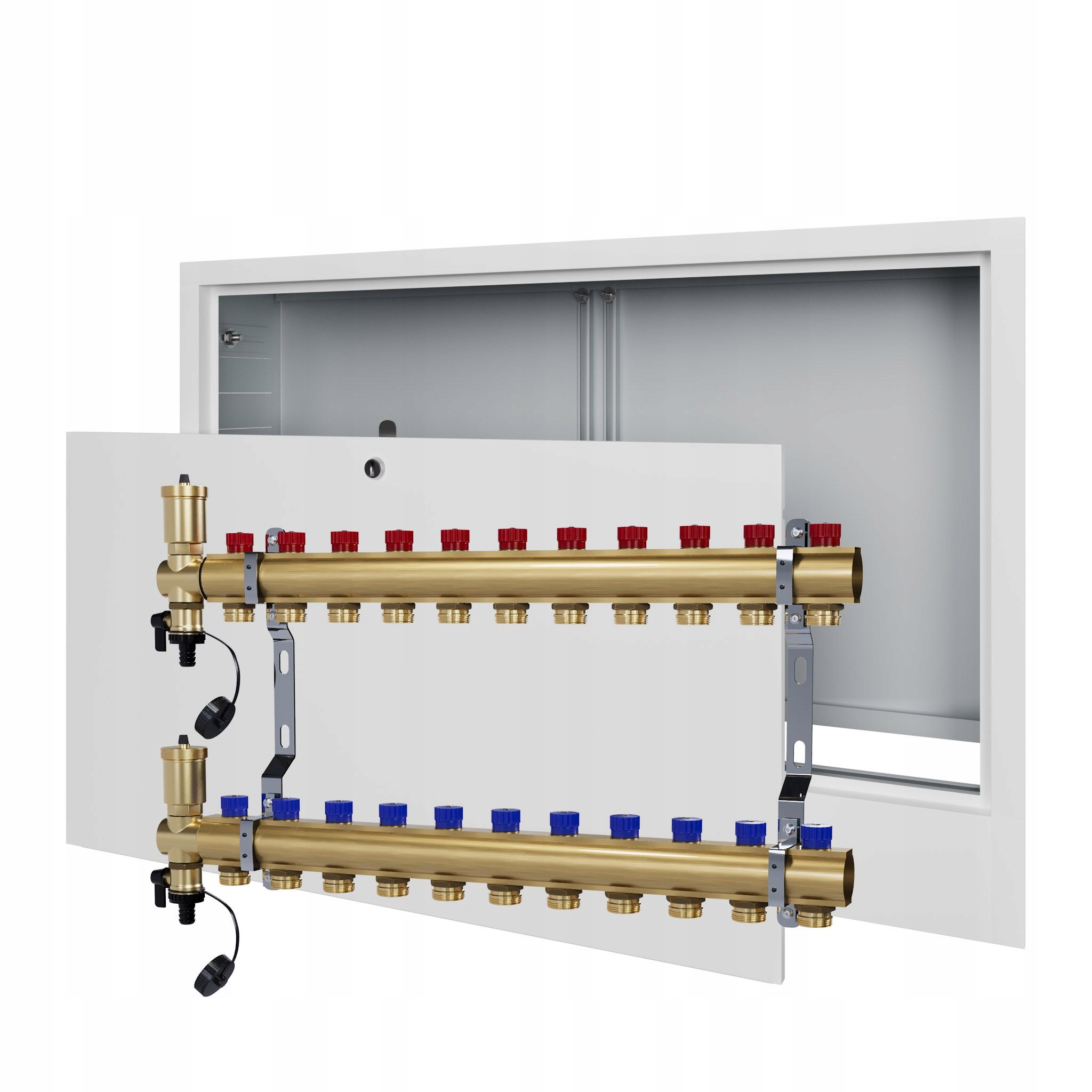 Manuální rozdělovač 11 okruhů pro radiátorové vytápění podomítková skříňka