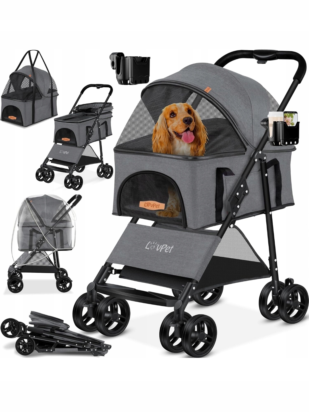 Levně Kočárek Lovpet šedý XL 50,5 x 99,5 x 65 cm Kočárek pro psy Lovpet/ KES346