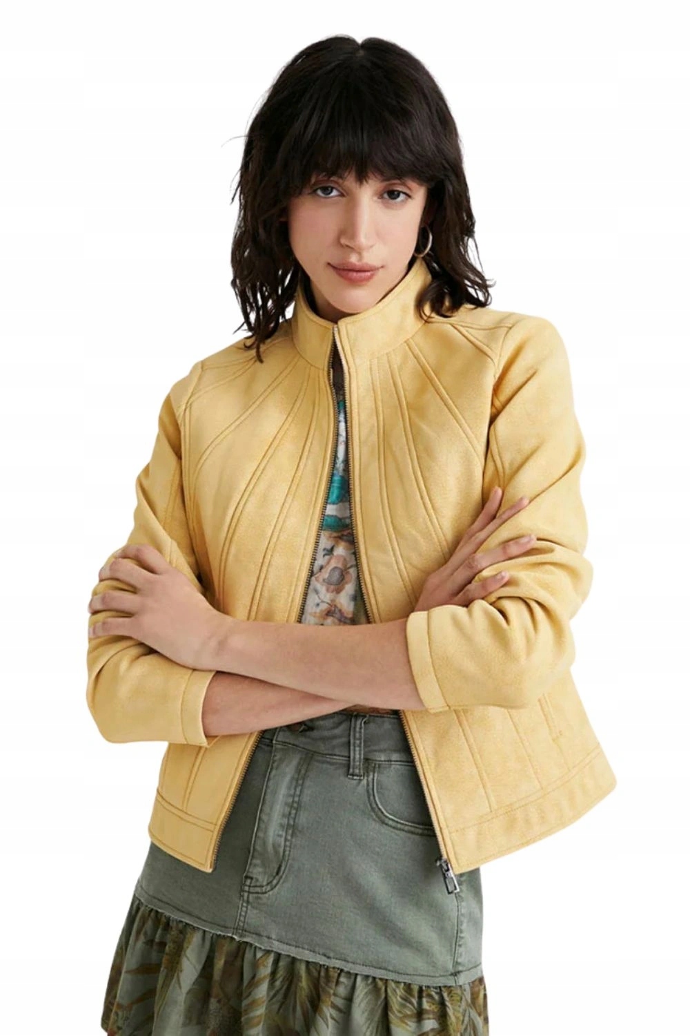 Dámská bunda Desigual z eko kůže, žlutá, ramoneska, velikost vel.