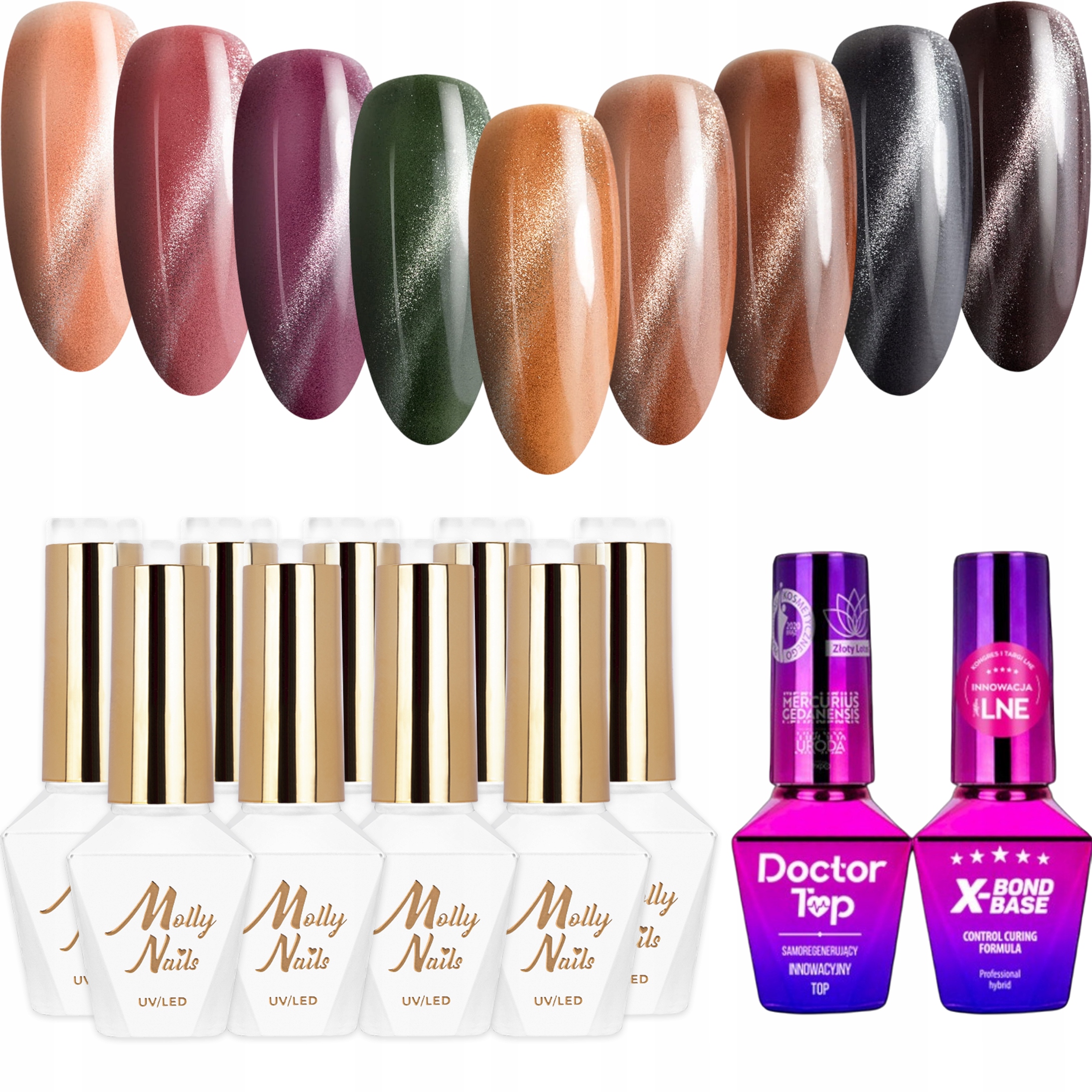 9 x Hybridní lak Mollynails 8 g Cat Eye Metallic Báze Top Set