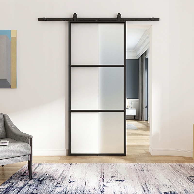 Sklenené Posuvné Dvere Loft Čierny Posuvný Systém Mliečne Sklo 91x213CM