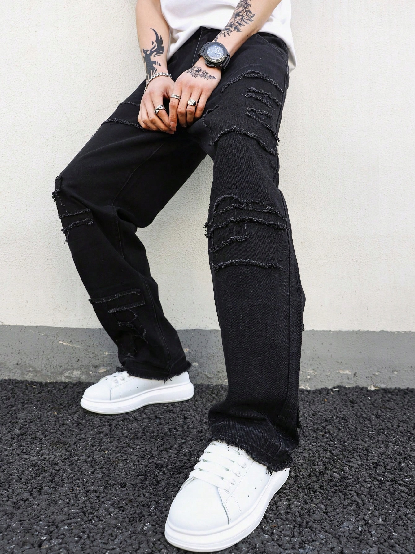 Pánské Džíny S Nášivkami A Surovou Povrchovou Úpravou, Černé Shein