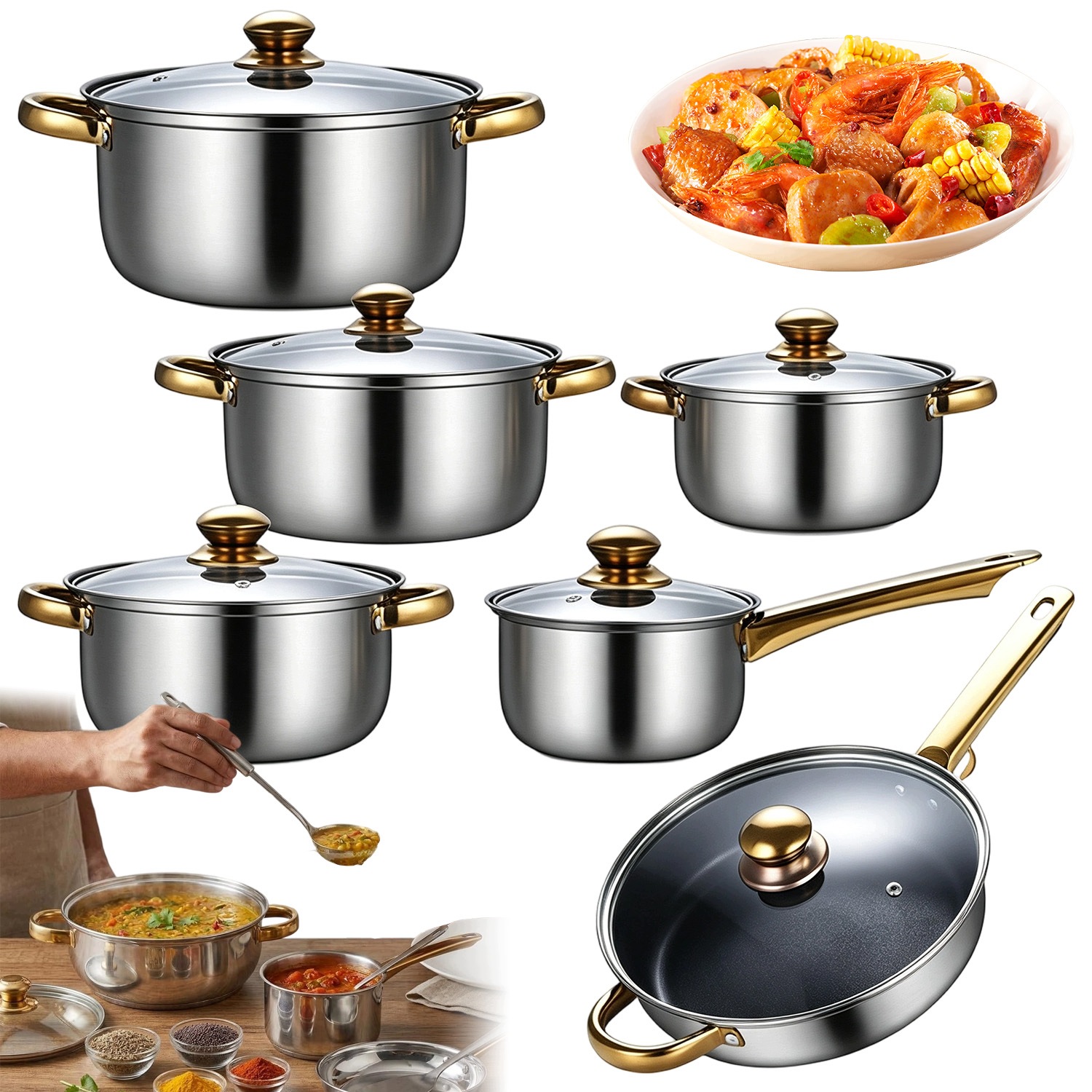 12 X Kuchyňské Nádobí Z Nerezové Oceli, Hrnce, Nepřilnavá Indukční Povrchová Úprava