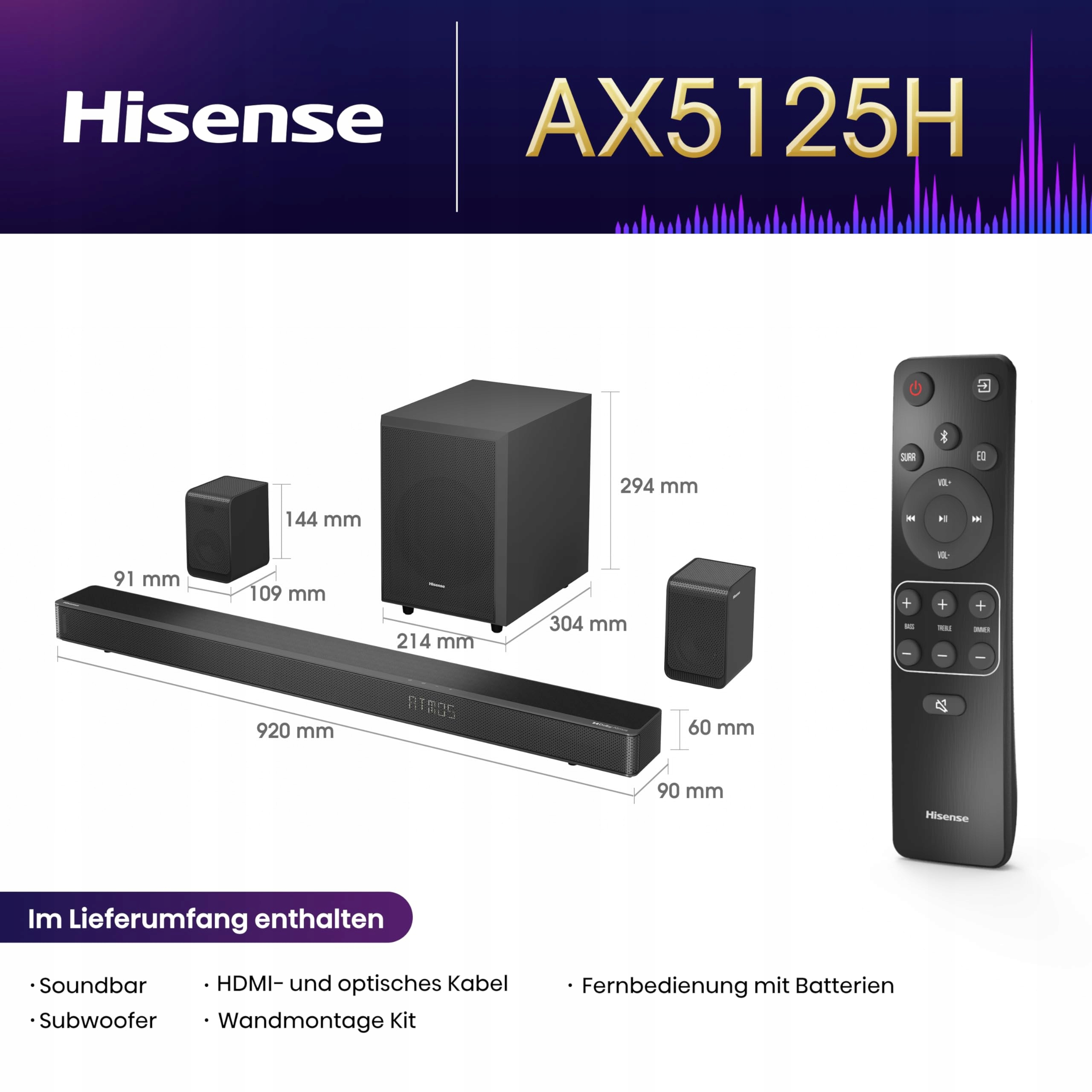 HISENSE AX5125H Soundbar 5.1.2 Dolby Atmos Subwoofer Bluetooth HDMI USB — miniatura 3