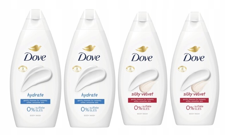 Zestaw Dove 2x silky velvet 450 ml +2 x care hydrate 450 ml