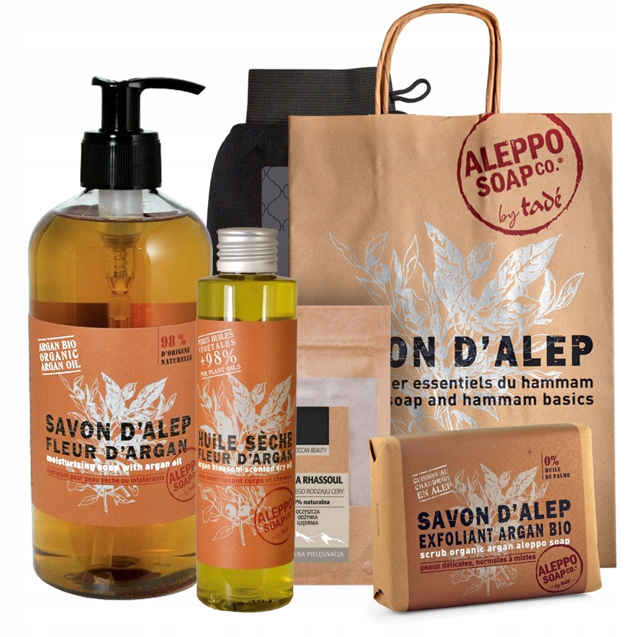 Zestaw Hammam KWIAT ARGANII - Mydła Aleppo Rhassoul + Olej + Prezent Kessa