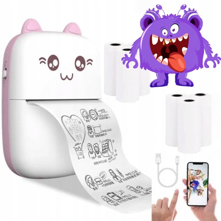 DRUKUŚ MINI DRUKARKA TERMICZNA PRZENOŚNA ZDJĘĆ ETYKIET RÓŻOWA + 11 ROLEK Przeznaczenie do zdjęć