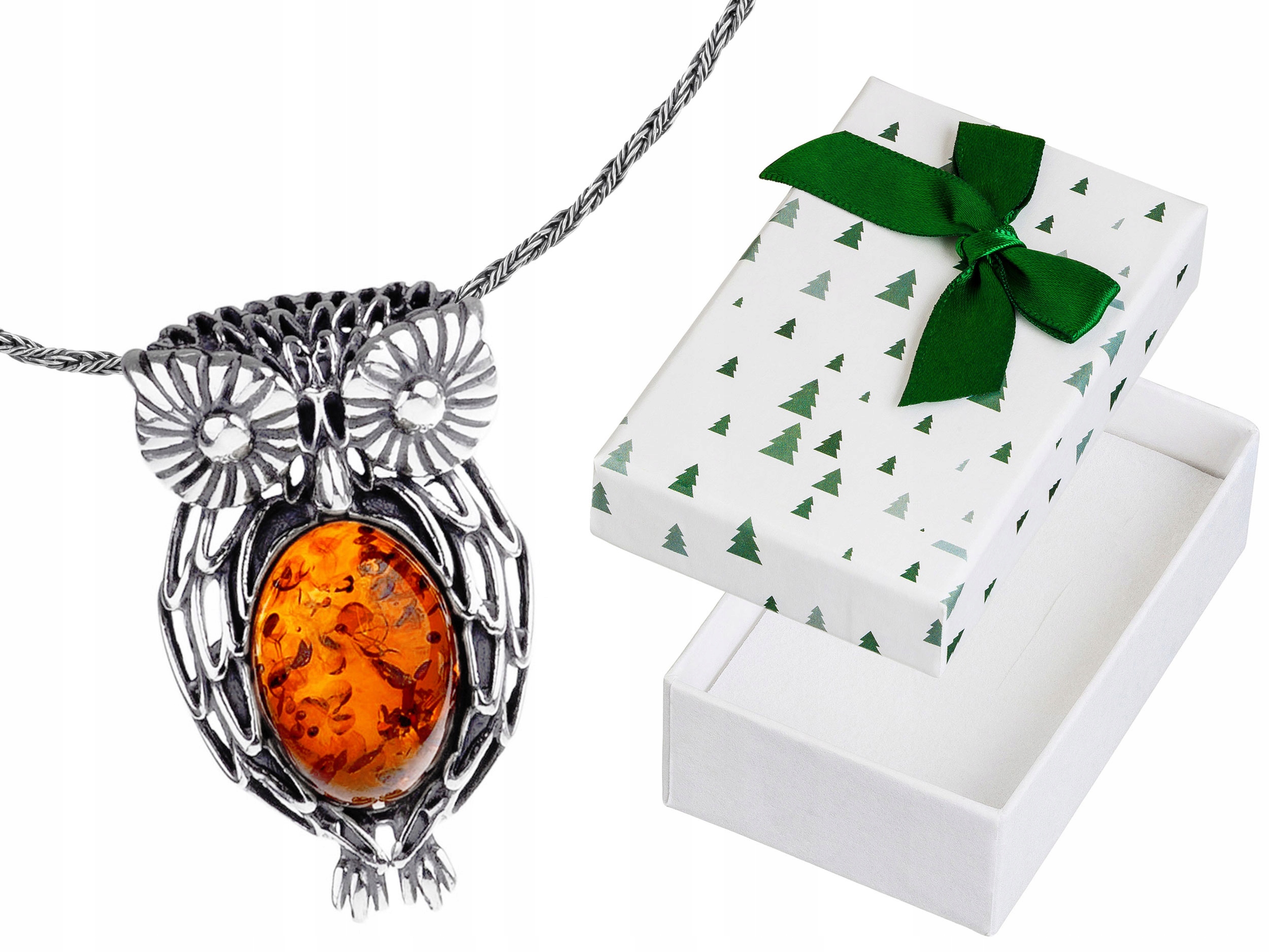 Krátký Stříbrný Dámský Náhrdelník Pták Sova s Jantarem Choker 30 cm