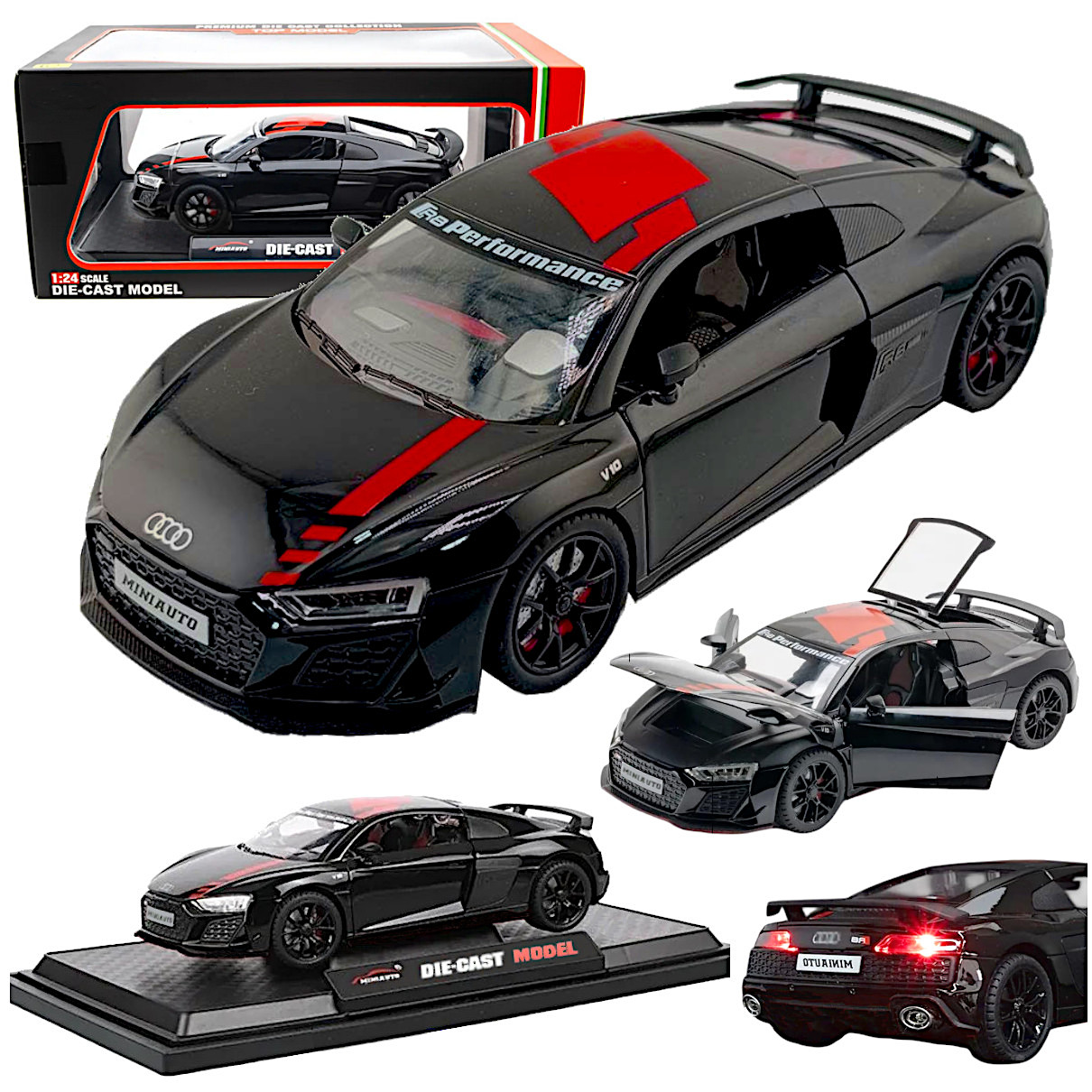 METALOWY MODEL AUDI R8 V10 NAPĘD LED DŹWIĘK OTWIERANE DRZWI MASKA AUTO 1:24