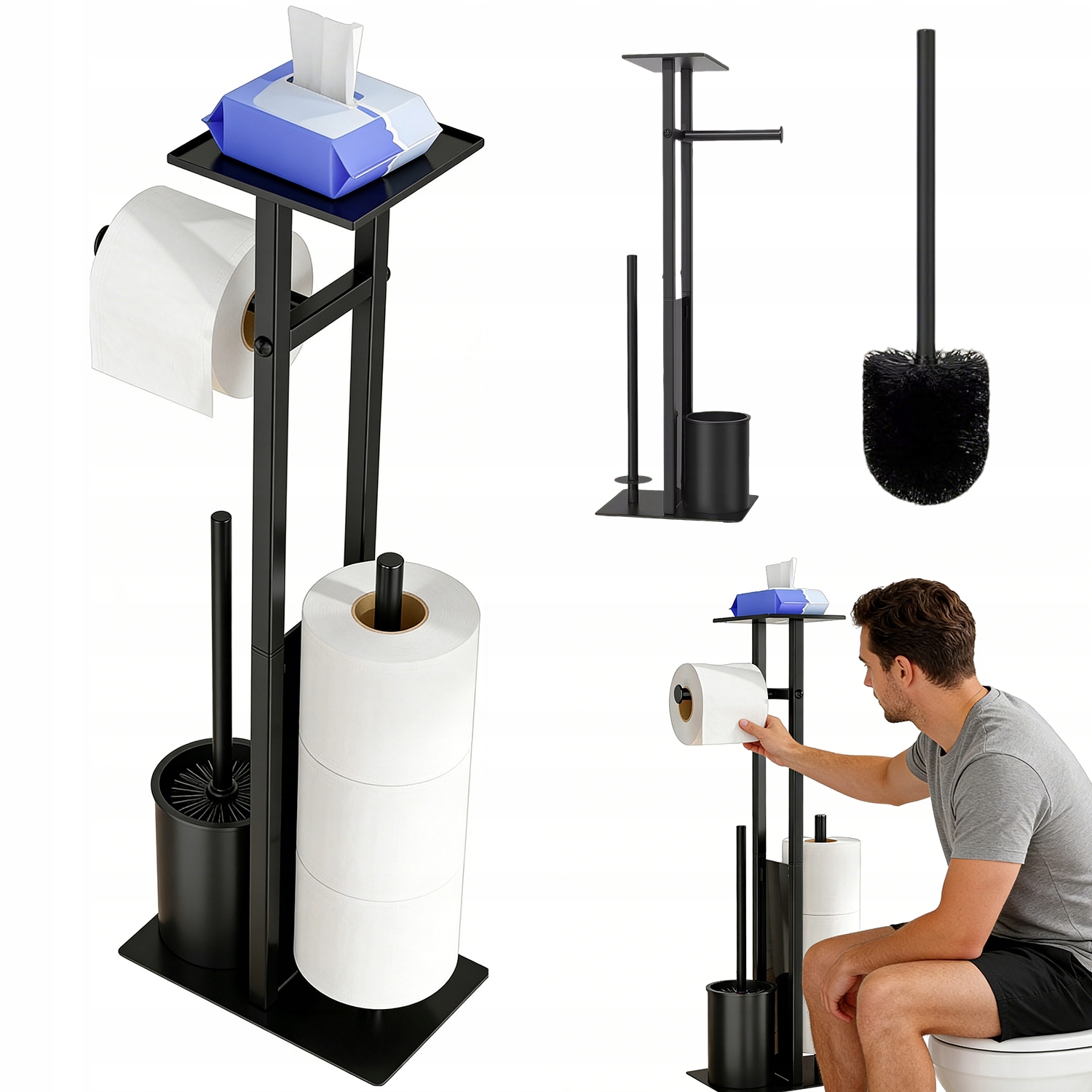 Stojan Na Toaletní Papír 4V1 Nerezová Ocel Černý S Kartáčem
