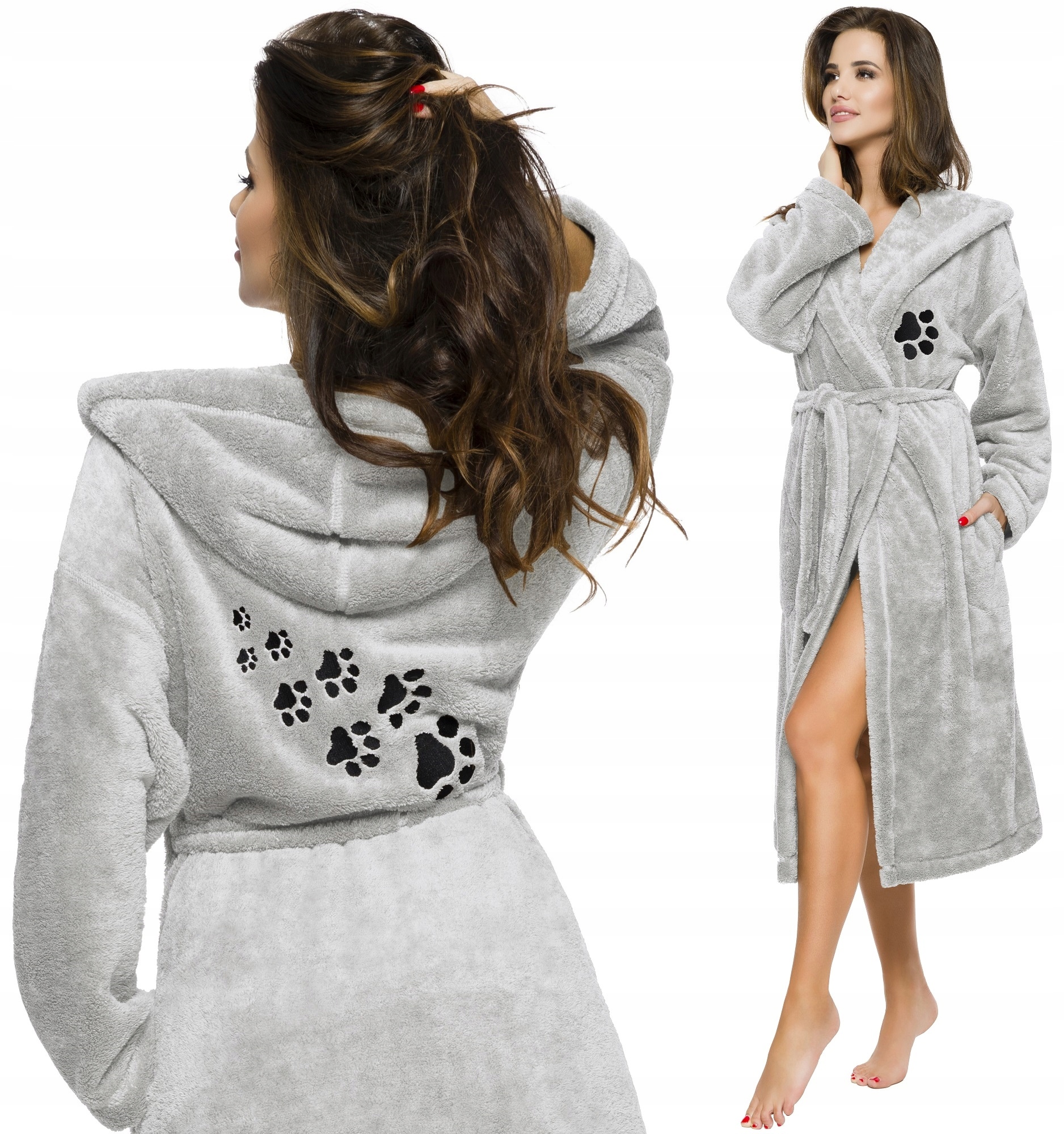 DŁUGI PUCHOWY DAMSKI SZLAFROK PODOMKA ŁAPKA M