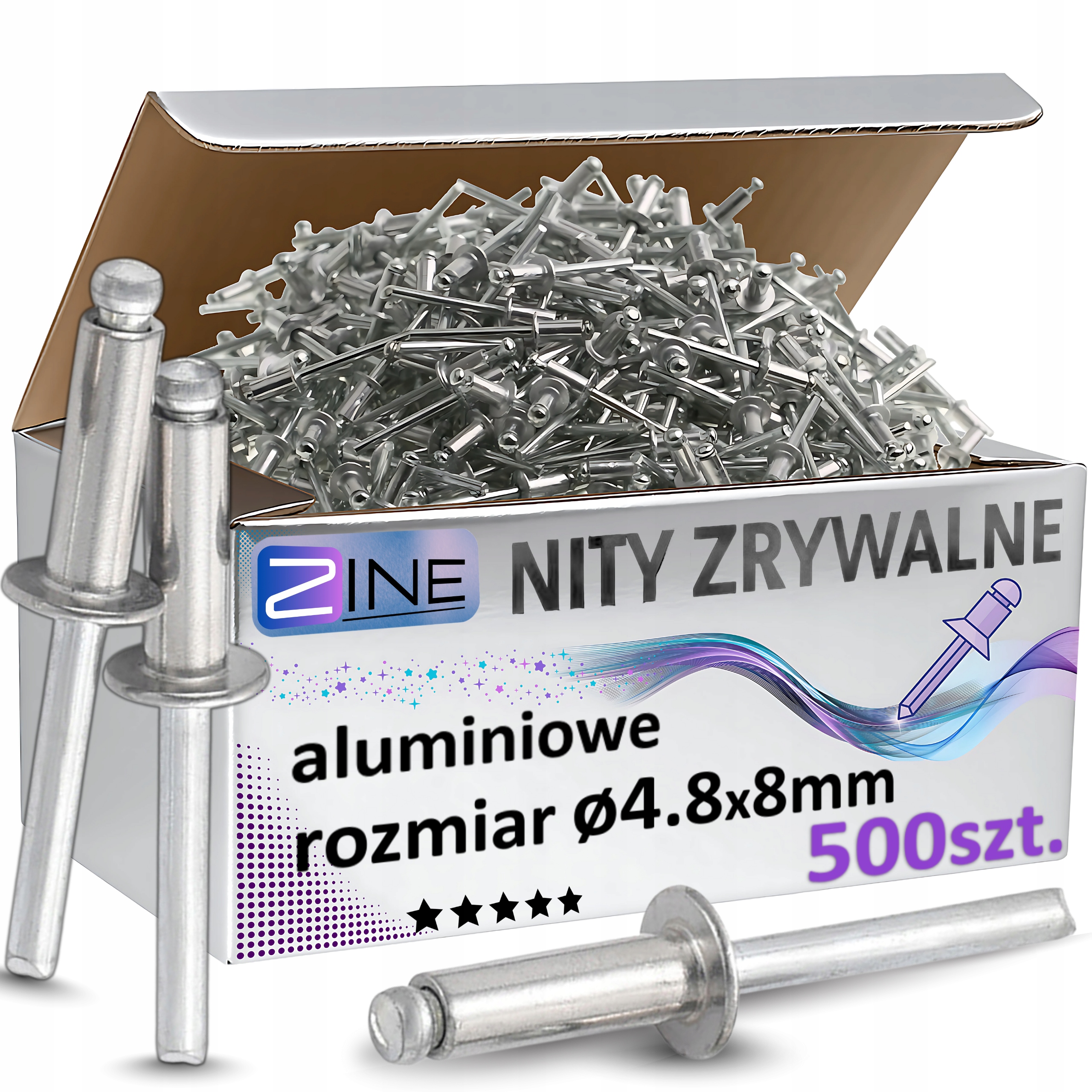 Nity Zrywalne Aluminiowe 4.8x8mm Odporne na Rdzę Zestaw Nitów Zine 500szt