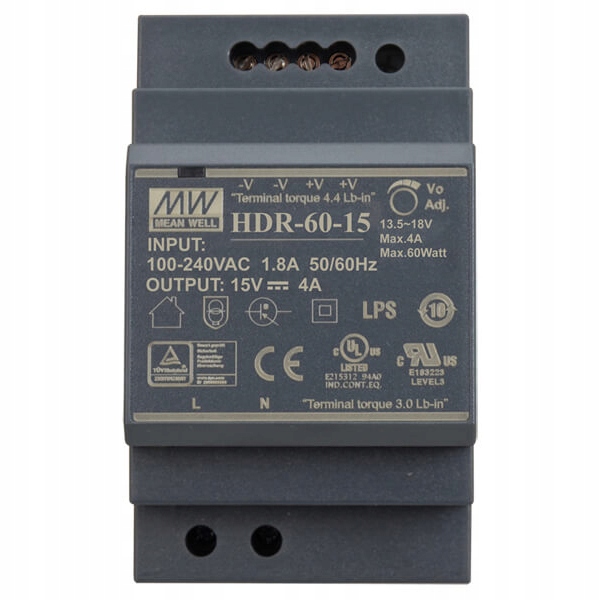 Zasilacz impulsowy na szynę Din Mean Well HDR-60-15 60 W 4 A 15 V