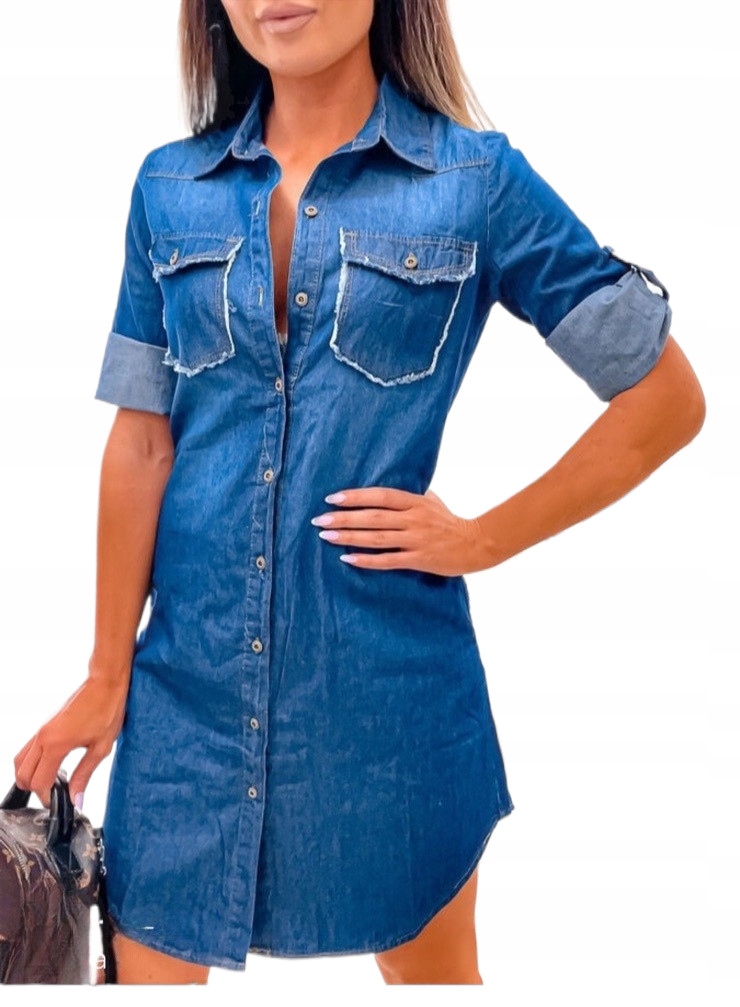 MODNA DAMSKA DŁUGA KOSZULA SUKIENKA JEANSOWA NIEBIESKA BAWEŁNA KIESZENIE L