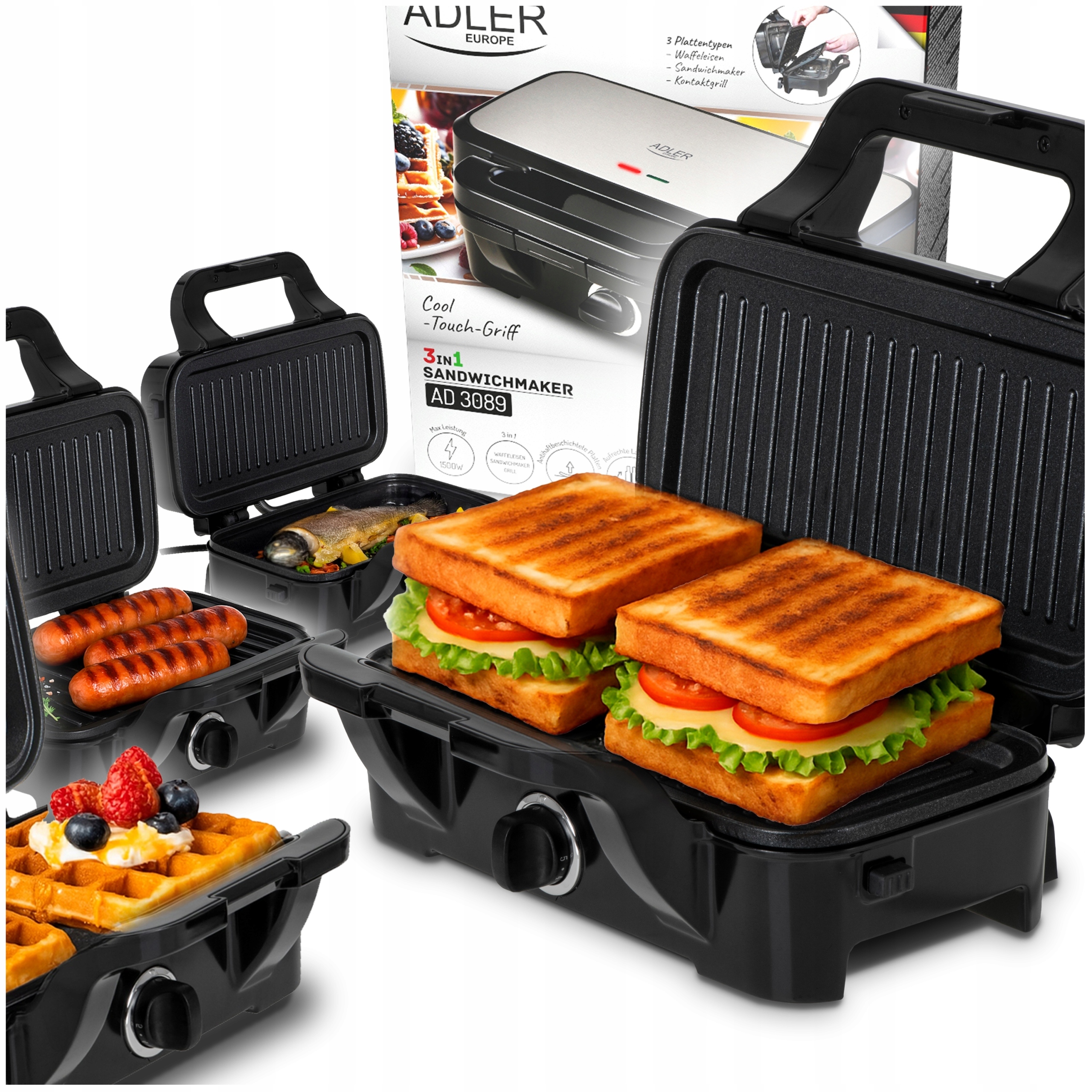 Opiekacz Gofrownica Grill 3w1 Toster Regulacja Temperatury Adler Ad 3089