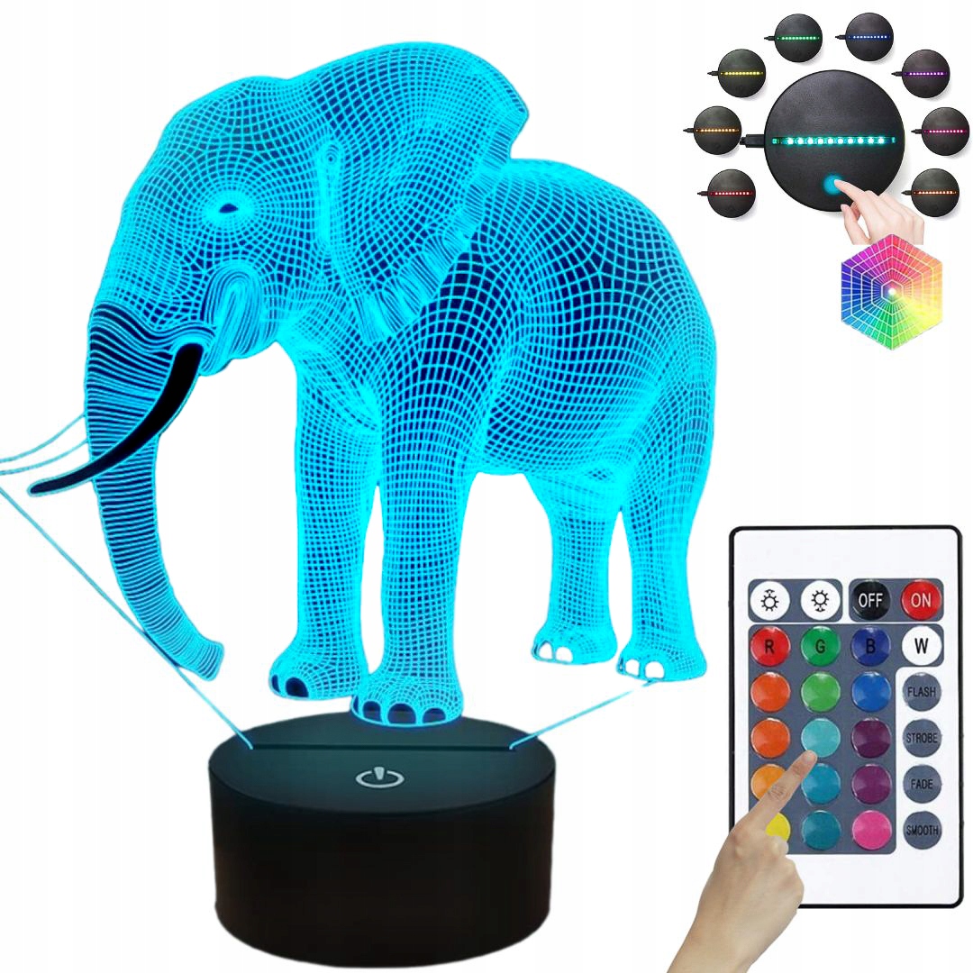 LAMPKA NOCNA SŁOŃ 3D LED KOLORY USB PILOT PREZENT