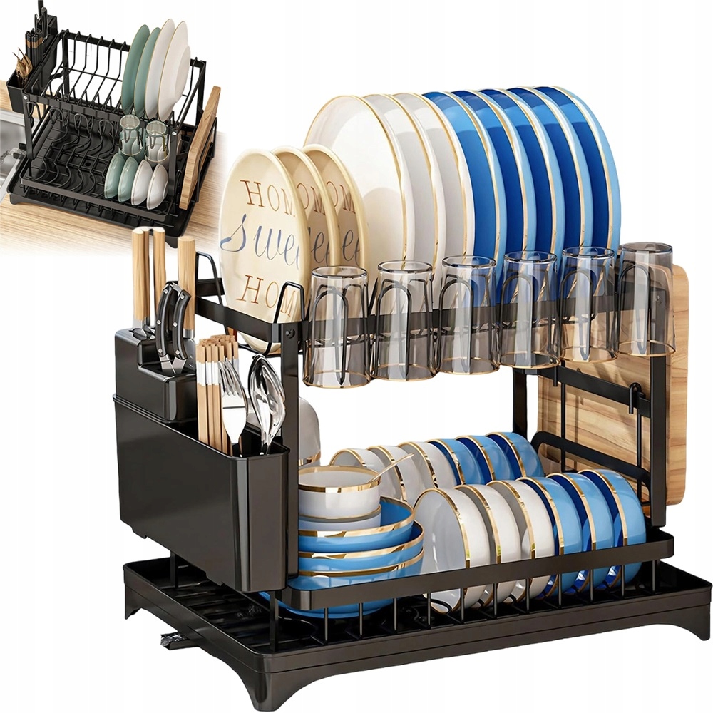 Odkapávač Na Nádobí Odkapávač S Odtokem, Dvouúrovňový, Černý, Stojící