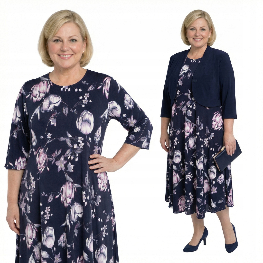 Tmavě modrá šaty růžová bílé tulipány plus size velikost 56/58