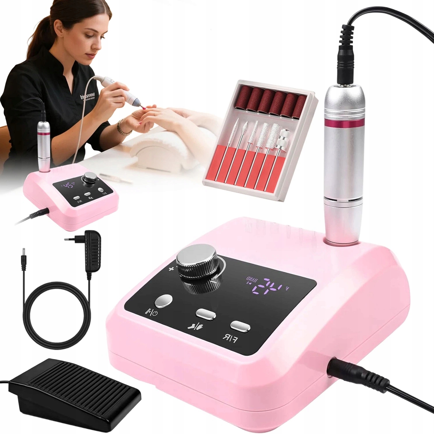 Pilnik Elektryczny Do Paznokci 45000RPM 6 Końców Wymiennych Pedał LCD