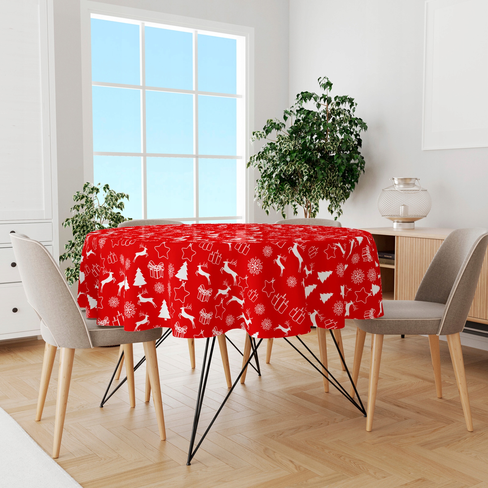 OBRUS DEKORACYJNY KOŁO 140 WZÓR CZERWONE RENIFERY Typ obrus