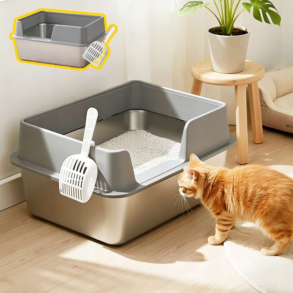 Velká otevřená kočičí toaleta na toaletu pro kočky z nerezové oceli šedá 35x50 cm