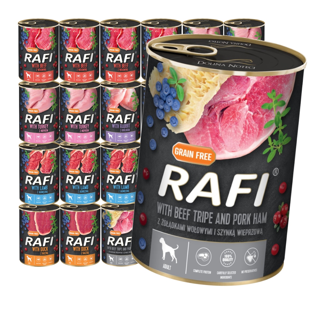 Rafi Krmivo pro psa Mix 24x400g Hovězí Krůta králík Jehněčí kachna Vepř