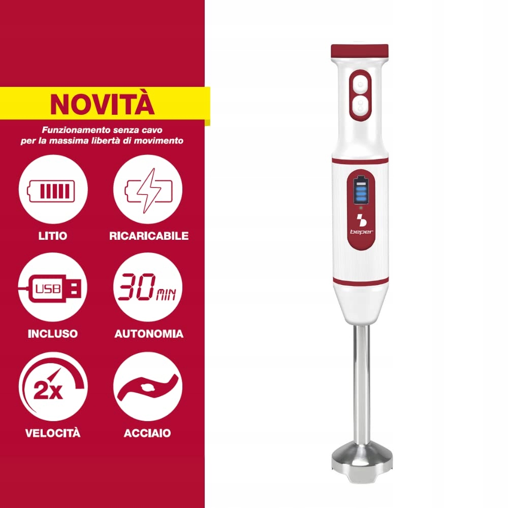 BEPER P102FRU300 Bezprzewodowy Blender Ręczny USB Czerwony Biały — miniatura 3