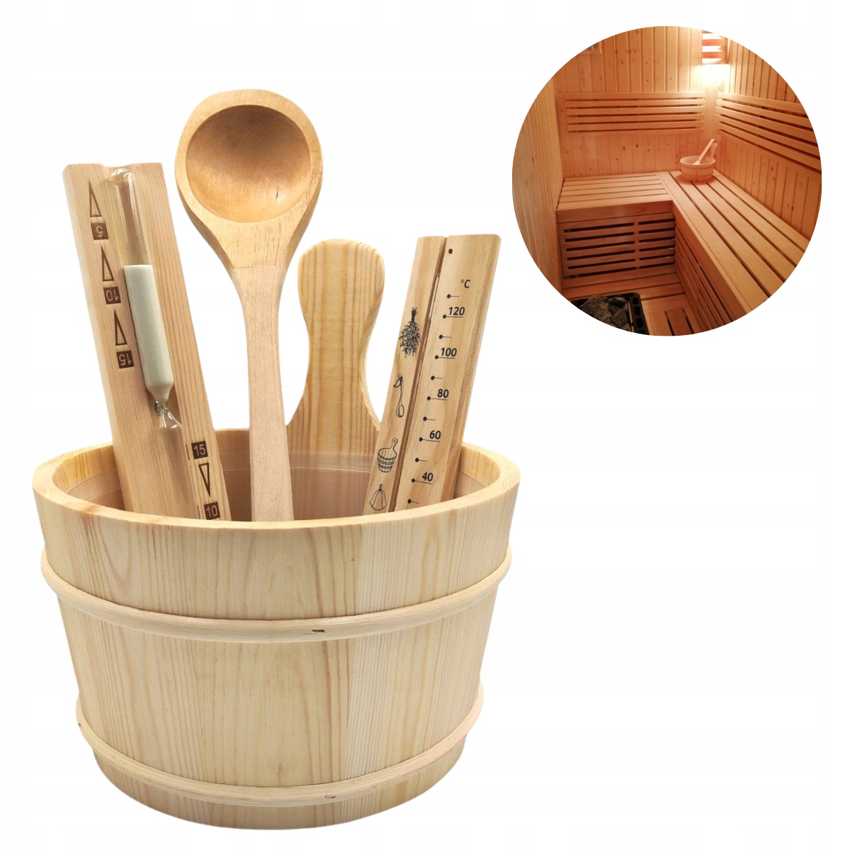 Sada príslušenstva pre saunu č. 1 Ceber Chochla Teplomer Klepsydra