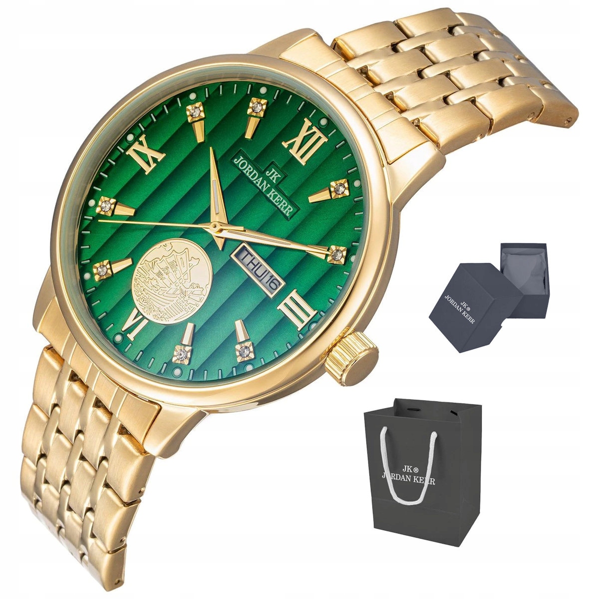 Pánské Elegantní Zlaté Zelené Hodinky Jordan Kerr S Datumovkou L1070 42 mm