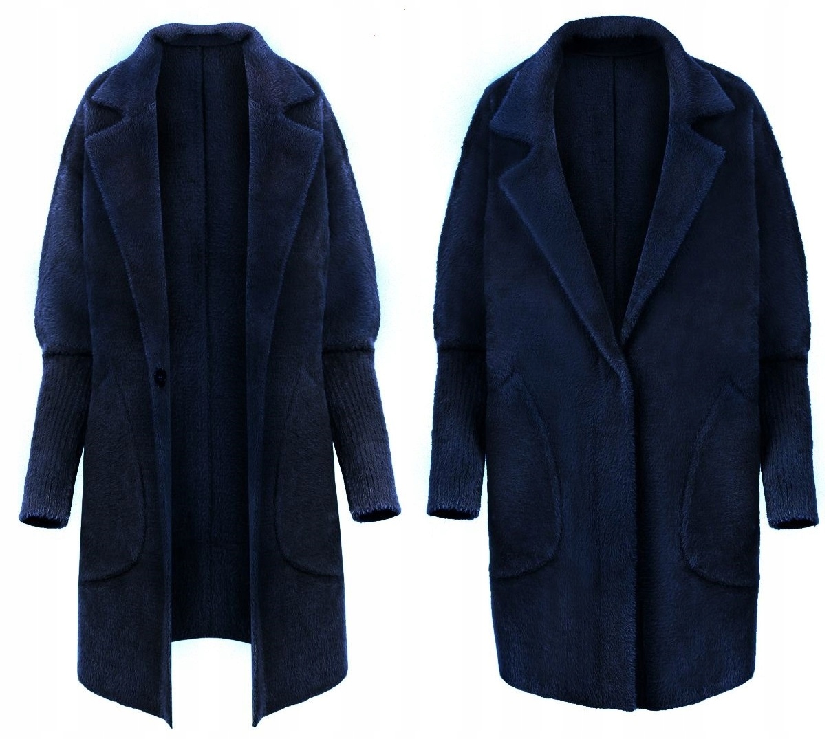 Alpaka Dámská Vlněná Bunda Kabát Svetr Límec Teplá Pohodlná Tmavě Modrá