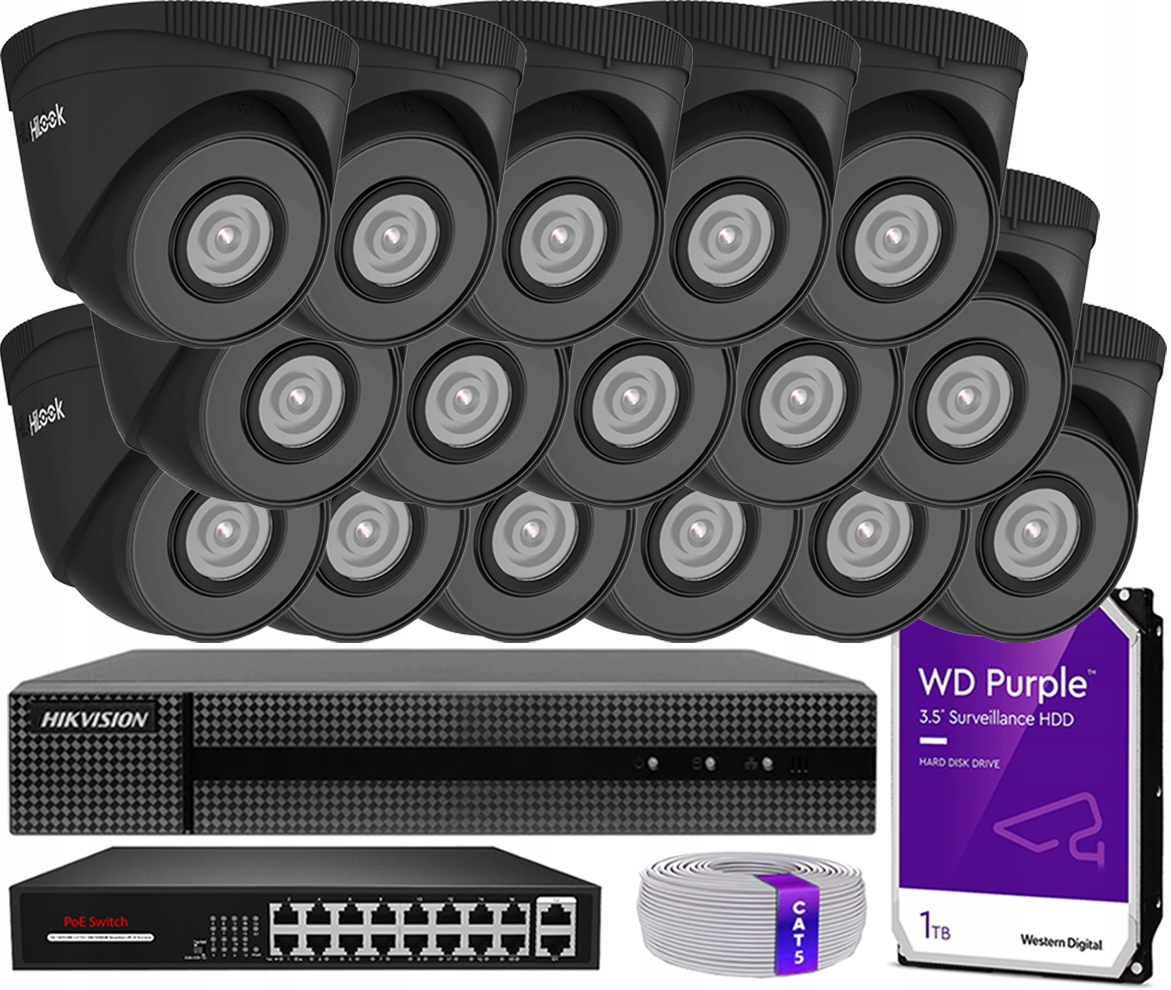 Sada na monitorovanie Ip 16x Kamera čierna IPCAM-T5 5Mpx PoE Ir 30 m Detekcia