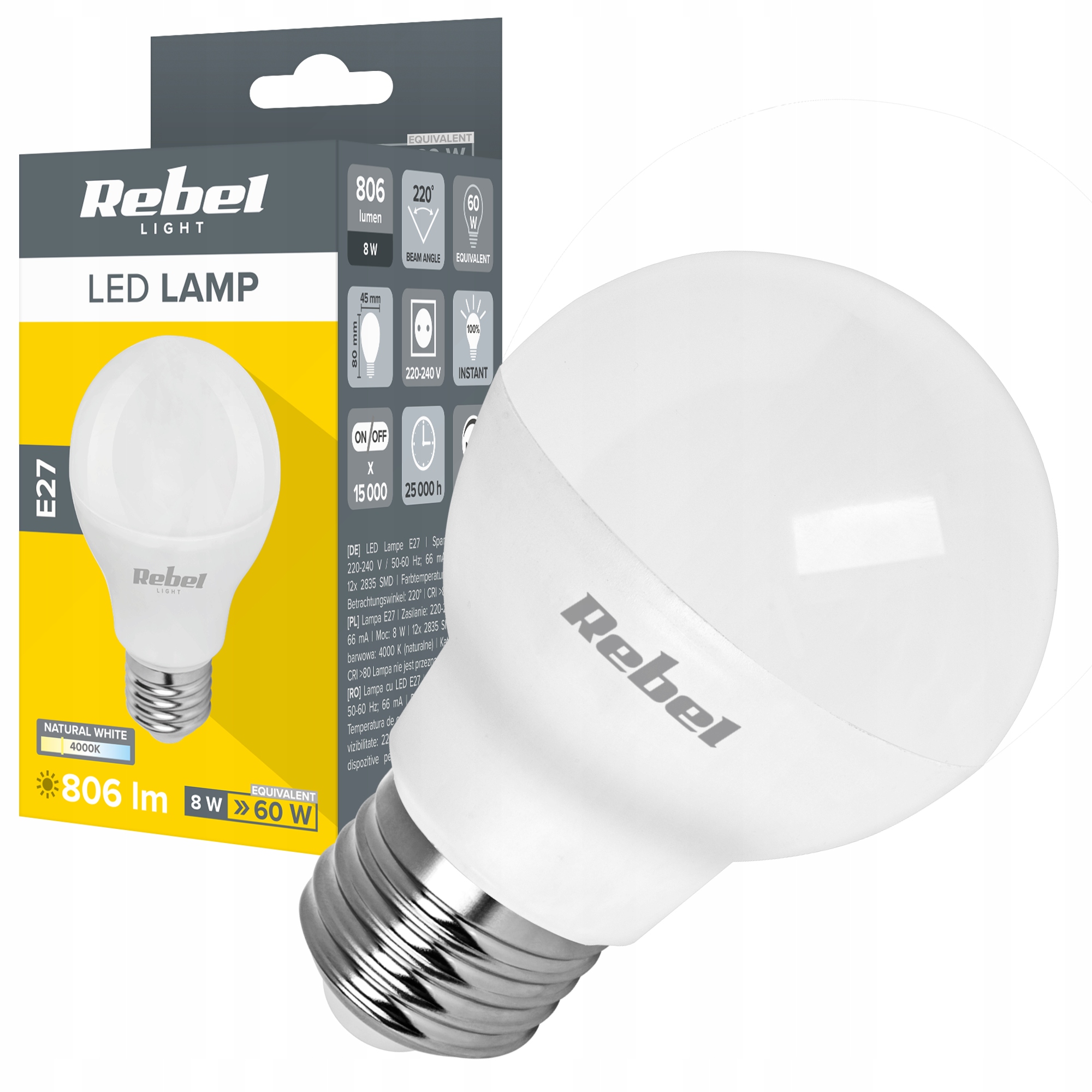 

Żarówka lampa Led E27 G45 8W 806lm 4000K Rebel