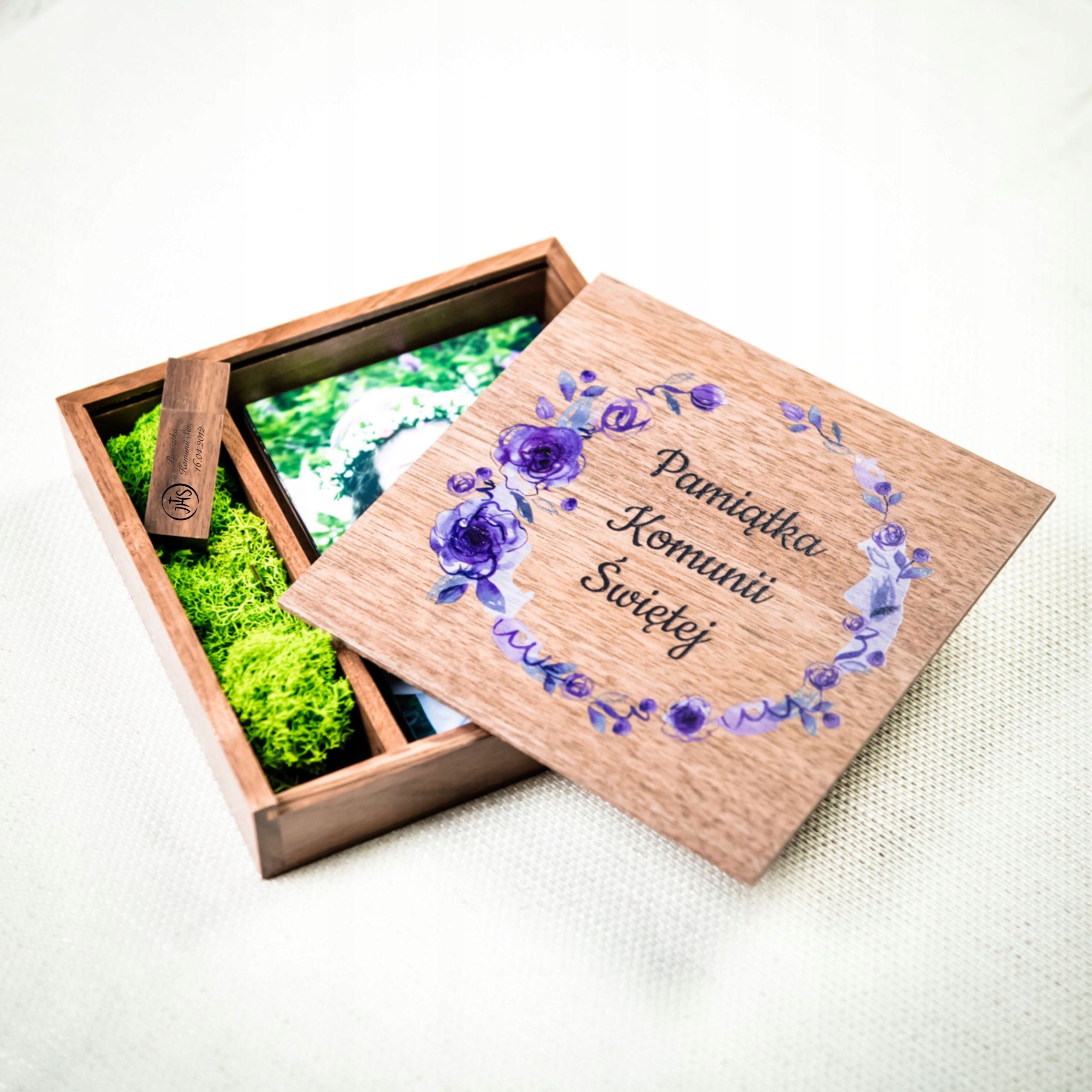 Pudełko do zdjęć + nadruk + Pendrive 32 GB Komunia Marka MemoRabbit